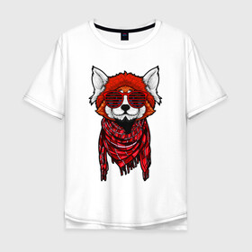 Мужская футболка хлопок Oversize с принтом Красная панда в Екатеринбурге, 100% хлопок | свободный крой, круглый ворот, “спинка” длиннее передней части | cool | cute | fashion | panda | red | в очках | забавная | красная | крутая | милая | модная | очки | панда | пандарен | пандочка | пандочки | панды | смешная | солнечные очки | улыбается