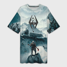 Платье-футболка 3D с принтом Skyrim Warrior в Екатеринбурге,  |  | Тематика изображения на принте: game | skyrim | warrior | воин | горы | игра | небо | птицы | рпг | скайрим | снег