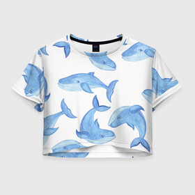 Женская футболка Crop-top 3D с принтом Косяк китов в Екатеринбурге, 100% полиэстер | круглая горловина, длина футболки до линии талии, рукава с отворотами | арт | карандашом | кит | киты | красками | море | моря | океан | океаны | под водой | рисунок