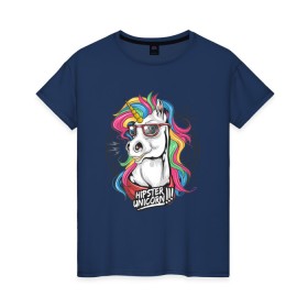 Женская футболка хлопок с принтом Единорог хипстер в Екатеринбурге, 100% хлопок | прямой крой, круглый вырез горловины, длина до линии бедер, слегка спущенное плечо | hipstern | horse | unicorn | единорог | лошадь | пони | радуга | разноцветная | хипстер