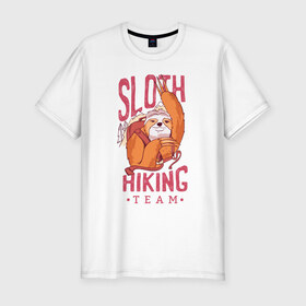 Мужская футболка премиум с принтом Ленивец в Екатеринбурге, 92% хлопок, 8% лайкра | приталенный силуэт, круглый вырез ворота, длина до линии бедра, короткий рукав | camping | hiking | outdoor | sloth | кемпинг | ленивец | ленивцы