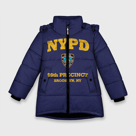 Зимняя куртка для девочек 3D с принтом Бруклин 9-9 департамент NYPD в Екатеринбурге, ткань верха — 100% полиэстер; подклад — 100% полиэстер, утеплитель — 100% полиэстер. | длина ниже бедра, удлиненная спинка, воротник стойка и отстегивающийся капюшон. Есть боковые карманы с листочкой на кнопках, утяжки по низу изделия и внутренний карман на молнии. 

Предусмотрены светоотражающий принт на спинке, радужный светоотражающий элемент на пуллере молнии и на резинке для утяжки. | Тематика изображения на принте: 99 | brooklyn 99 | police | бруклин | бруклин 9 9 | девять девять | департамент | джейк | джеффордс | значок | логотип | нью йорк | перальта | сериал | терри | чарльз бойл