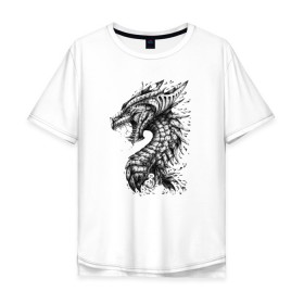 Мужская футболка хлопок Oversize с принтом Китайский дракон арт в Екатеринбурге, 100% хлопок | свободный крой, круглый ворот, “спинка” длиннее передней части | арт | динозавр | дракон | дракон арт | драконий рев | зубы | китайский дракон | китайский дракон арт | клыки | крутой дракон | оскал | рев | серый | черно белый | чешуя | ящерица
