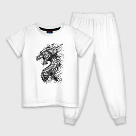 Детская пижама хлопок с принтом Китайский дракон арт в Екатеринбурге, 100% хлопок |  брюки и футболка прямого кроя, без карманов, на брюках мягкая резинка на поясе и по низу штанин
 | арт | динозавр | дракон | дракон арт | драконий рев | зубы | китайский дракон | китайский дракон арт | клыки | крутой дракон | оскал | рев | серый | черно белый | чешуя | ящерица