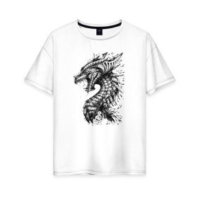 Женская футболка хлопок Oversize с принтом Китайский дракон арт в Екатеринбурге, 100% хлопок | свободный крой, круглый ворот, спущенный рукав, длина до линии бедер
 | арт | динозавр | дракон | дракон арт | драконий рев | зубы | китайский дракон | китайский дракон арт | клыки | крутой дракон | оскал | рев | серый | черно белый | чешуя | ящерица