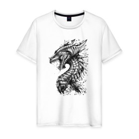 Мужская футболка хлопок с принтом Китайский дракон арт в Екатеринбурге, 100% хлопок | прямой крой, круглый вырез горловины, длина до линии бедер, слегка спущенное плечо. | арт | динозавр | дракон | дракон арт | драконий рев | зубы | китайский дракон | китайский дракон арт | клыки | крутой дракон | оскал | рев | серый | черно белый | чешуя | ящерица