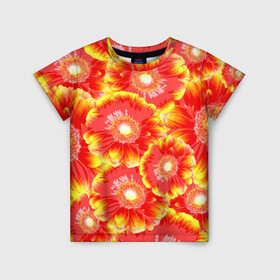 Детская футболка 3D с принтом Цветы в Екатеринбурге, 100% гипоаллергенный полиэфир | прямой крой, круглый вырез горловины, длина до линии бедер, чуть спущенное плечо, ткань немного тянется | Тематика изображения на принте: 8 марта | букет | красно желтые цветы | хризантемы | цветы
