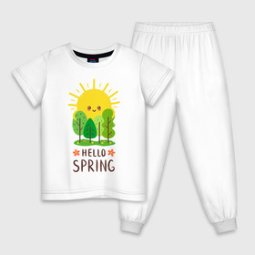 Детская пижама хлопок с принтом Hello Spring в Екатеринбурге, 100% хлопок |  брюки и футболка прямого кроя, без карманов, на брюках мягкая резинка на поясе и по низу штанин
 | Тематика изображения на принте: 2020 | арт | весна | деревья | лес | солнце | солнышко | цветы
