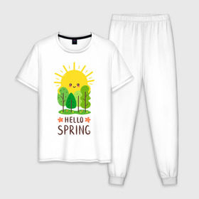 Мужская пижама хлопок с принтом Hello Spring в Екатеринбурге, 100% хлопок | брюки и футболка прямого кроя, без карманов, на брюках мягкая резинка на поясе и по низу штанин
 | Тематика изображения на принте: 2020 | арт | весна | деревья | лес | солнце | солнышко | цветы