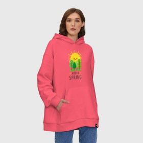Худи SuperOversize хлопок с принтом Hello Spring в Екатеринбурге, 70% хлопок, 30% полиэстер, мягкий начес внутри | карман-кенгуру, эластичная резинка на манжетах и по нижней кромке, двухслойный капюшон
 | Тематика изображения на принте: 2020 | арт | весна | деревья | лес | солнце | солнышко | цветы
