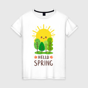 Женская футболка хлопок с принтом Hello Spring в Екатеринбурге, 100% хлопок | прямой крой, круглый вырез горловины, длина до линии бедер, слегка спущенное плечо | 2020 | арт | весна | деревья | лес | солнце | солнышко | цветы