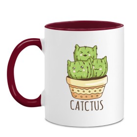 Кружка двухцветная с принтом Catctus в Екатеринбурге, керамика | объем — 330 мл, диаметр — 80 мм. Цветная ручка и кайма сверху, в некоторых цветах — вся внутренняя часть | art | cactus | cats | kittens | pot | арт | горшок | кактус | коты | котята | кошки