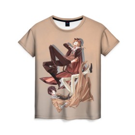 Женская футболка 3D с принтом Дазай и Чуя в Екатеринбурге, 100% полиэфир ( синтетическое хлопкоподобное полотно) | прямой крой, круглый вырез горловины, длина до линии бедер | bungou stray dogs | аниме | великие из бродячих псов | дазай | чуя