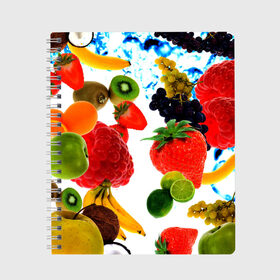 Тетрадь с принтом фрукты в Екатеринбурге, 100% бумага | 48 листов, плотность листов — 60 г/м2, плотность картонной обложки — 250 г/м2. Листы скреплены сбоку удобной пружинной спиралью. Уголки страниц и обложки скругленные. Цвет линий — светло-серый
 | doodling | pattern | textures | tiles | банан | дудлинг | овощи | паттерны | скатерть | тайлы | текстуры | фон | фрукты