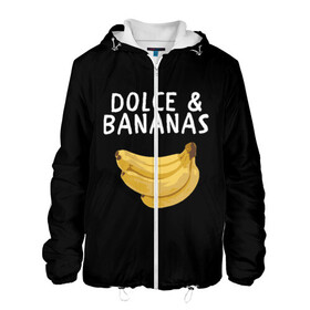 Мужская куртка 3D с принтом Dolce and Bananas в Екатеринбурге, ткань верха — 100% полиэстер, подклад — флис | прямой крой, подол и капюшон оформлены резинкой с фиксаторами, два кармана без застежек по бокам, один большой потайной карман на груди. Карман на груди застегивается на липучку | banana | dolce and gabbana | банан | бананы | дольче и габбана | на английском | на иностранном | надписи на английском | надпись | прикольные надписи | слово | слоган | со словом | чёрно белая