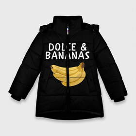 Зимняя куртка для девочек 3D с принтом Dolce and Bananas в Екатеринбурге, ткань верха — 100% полиэстер; подклад — 100% полиэстер, утеплитель — 100% полиэстер. | длина ниже бедра, удлиненная спинка, воротник стойка и отстегивающийся капюшон. Есть боковые карманы с листочкой на кнопках, утяжки по низу изделия и внутренний карман на молнии. 

Предусмотрены светоотражающий принт на спинке, радужный светоотражающий элемент на пуллере молнии и на резинке для утяжки. | banana | dolce and gabbana | банан | бананы | дольче и габбана | на английском | на иностранном | надписи на английском | надпись | прикольные надписи | слово | слоган | со словом | чёрно белая