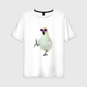 Женская футболка хлопок Oversize с принтом Попугай в очках в Екатеринбурге, 100% хлопок | свободный крой, круглый ворот, спущенный рукав, длина до линии бедер
 | крутой попугай | мем | попугай в очках | прикол | птица | смешная картинка