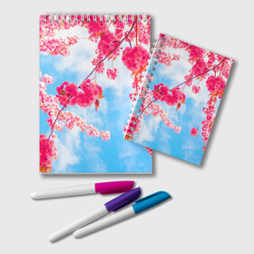 Блокнот с принтом Цветение Вишни в Екатеринбурге, 100% бумага | 48 листов, плотность листов — 60 г/м2, плотность картонной обложки — 250 г/м2. Листы скреплены удобной пружинной спиралью. Цвет линий — светло-серый
 | Тематика изображения на принте: flowers | pink | бутоны | весна | вишня | дерево | листья | небо | облака | природа | розовый | сакура | солнце | цветение | цветочки | цветы