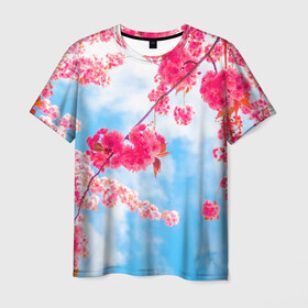 Мужская футболка 3D с принтом Цветение Вишни в Екатеринбурге, 100% полиэфир | прямой крой, круглый вырез горловины, длина до линии бедер | flowers | pink | бутоны | весна | вишня | дерево | листья | небо | облака | природа | розовый | сакура | солнце | цветение | цветочки | цветы