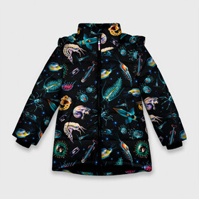Зимняя куртка для девочек 3D с принтом Creatures of Deep ocean в Екатеринбурге, ткань верха — 100% полиэстер; подклад — 100% полиэстер, утеплитель — 100% полиэстер. | длина ниже бедра, удлиненная спинка, воротник стойка и отстегивающийся капюшон. Есть боковые карманы с листочкой на кнопках, утяжки по низу изделия и внутренний карман на молнии. 

Предусмотрены светоотражающий принт на спинке, радужный светоотражающий элемент на пуллере молнии и на резинке для утяжки. | creatures | dark | deep | fish | ocean | кальмар | монстр | океан | рыбы | хищник