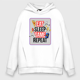 Мужское худи Oversize хлопок с принтом EAT SLEEP GAME REPEAT в Екатеринбурге, френч-терри — 70% хлопок, 30% полиэстер. Мягкий теплый начес внутри —100% хлопок | боковые карманы, эластичные манжеты и нижняя кромка, капюшон на магнитной кнопке | Тематика изображения на принте: 90 | 90е | dendy | plastation | sega | видеоигра | денди | джойстик | игра | игрок | игроман | киберспортсмен | кибеспорт | сега