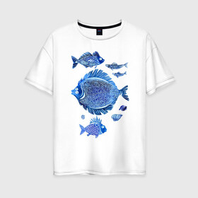 Женская футболка хлопок Oversize с принтом Рыбы Чёрного моря в Екатеринбурге, 100% хлопок | свободный крой, круглый ворот, спущенный рукав, длина до линии бедер
 | Тематика изображения на принте: синий море рыба рыбы акварель графика забавные мультяшные лето