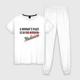 Женская пижама хлопок с принтом Женщина в медицине в Екатеринбурге, 100% хлопок | брюки и футболка прямого кроя, без карманов, на брюках мягкая резинка на поясе и по низу штанин | будущий врач | врач | девушка | доктор | жизнь | любимое дело | любовь | мед | мед работник | медик | медицина | медсестра | место женщины | наука | ординатор | ординатура | права | профессия | свобода