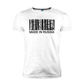 Мужская футболка премиум с принтом Made in Russia в Екатеринбурге, 92% хлопок, 8% лайкра | приталенный силуэт, круглый вырез ворота, длина до линии бедра, короткий рукав | barcode | country | forest | russia | береза | лес | родина | россия | страна | штрихкод