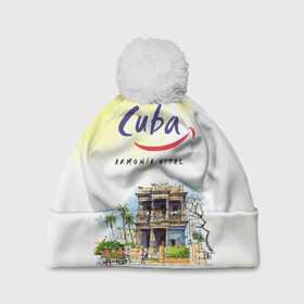 Шапка 3D c помпоном с принтом Куба в Екатеринбурге, 100% полиэстер | универсальный размер, печать по всей поверхности изделия | Тематика изображения на принте: cuba | карибы | куба | лето | пальмы | путешествия | солнце | туризм
