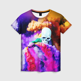 Женская футболка 3D с принтом Череп в дыму в Екатеринбурге, 100% полиэфир ( синтетическое хлопкоподобное полотно) | прямой крой, круглый вырез горловины, длина до линии бедер | вода | дым | краски | огонь | скелеты | цветной | череп | шашки | яркий