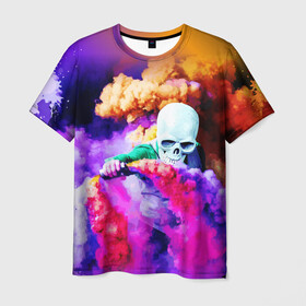 Мужская футболка 3D с принтом Череп в дыму в Екатеринбурге, 100% полиэфир | прямой крой, круглый вырез горловины, длина до линии бедер | вода | дым | краски | огонь | скелеты | цветной | череп | шашки | яркий