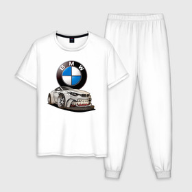 Мужская пижама хлопок с принтом BMW оскал в Екатеринбурге, 100% хлопок | брюки и футболка прямого кроя, без карманов, на брюках мягкая резинка на поясе и по низу штанин
 | bmw | car | germany | grin | jaw | power | sketch | teeth | автомобиль | бмв | германия | зубы | мощь | оскал | пасть | эскиз