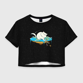 Женская футболка Crop-top 3D с принтом Flat earth Cat в Екатеринбурге, 100% полиэстер | круглая горловина, длина футболки до линии талии, рукава с отворотами | cat | cats | code | conspiracy | earth | flat | kitten | sky | space | заговор | земля | конспирация | космос | кот | котенок | котик | котики | коты | мир | небо | плоская | сердце