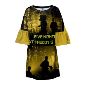 Детское платье 3D с принтом Five Nights at Freddys в Екатеринбурге, 100% полиэстер | прямой силуэт, чуть расширенный к низу. Круглая горловина, на рукавах — воланы | five | freddys | horror | nights | point and click | survival | игра | ночей | пять | фредди