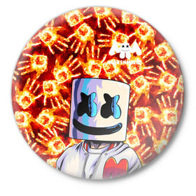 Значок с принтом MARSHMELLO в Екатеринбурге,  металл | круглая форма, металлическая застежка в виде булавки | fire | marshmello | music | дым | зефир | зефирка | лого | лого marshmello | лого маршмеллоу | логотип | логотип marshmello | логотип маршмеллоу | маршиеллоу | маска | музыка | музыкант | огненная рука