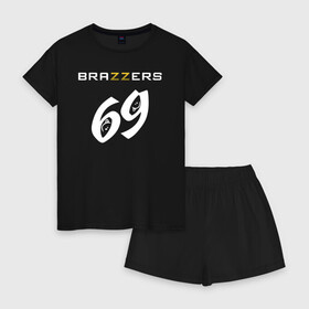 Женская пижама с шортиками хлопок с принтом Brazzers 69 в Екатеринбурге, 100% хлопок | футболка прямого кроя, шорты свободные с широкой мягкой резинкой | brazzers | бразерс | браззерс | братья | звезда | куни | миньет | надпись | прикол | проно хуб | с