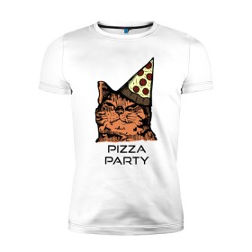 Мужская футболка премиум с принтом PIZZA PARTY в Екатеринбурге, 92% хлопок, 8% лайкра | приталенный силуэт, круглый вырез ворота, длина до линии бедра, короткий рукав | Тематика изображения на принте: party | pizza | pizza party | time | арт | веселье | время | для детей | животные | картинка | кот | котик | котики | пицца | пиццы | рисунок | рыжий кот