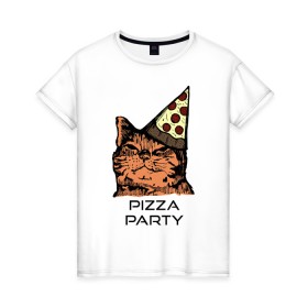 Женская футболка хлопок с принтом PIZZA PARTY в Екатеринбурге, 100% хлопок | прямой крой, круглый вырез горловины, длина до линии бедер, слегка спущенное плечо | party | pizza | pizza party | time | арт | веселье | время | для детей | животные | картинка | кот | котик | котики | пицца | пиццы | рисунок | рыжий кот