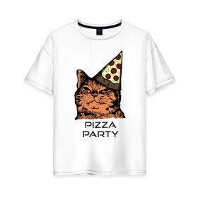 Женская футболка хлопок Oversize с принтом PIZZA PARTY в Екатеринбурге, 100% хлопок | свободный крой, круглый ворот, спущенный рукав, длина до линии бедер
 | party | pizza | pizza party | time | арт | веселье | время | для детей | животные | картинка | кот | котик | котики | пицца | пиццы | рисунок | рыжий кот