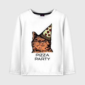 Детский лонгслив хлопок с принтом PIZZA PARTY в Екатеринбурге, 100% хлопок | круглый вырез горловины, полуприлегающий силуэт, длина до линии бедер | Тематика изображения на принте: party | pizza | pizza party | time | арт | веселье | время | для детей | животные | картинка | кот | котик | котики | пицца | пиццы | рисунок | рыжий кот