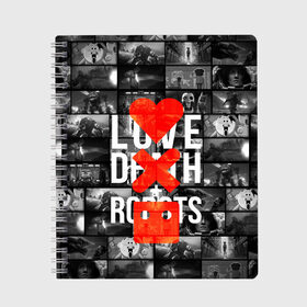 Тетрадь с принтом LOVE DEATH ROBOTS (LDR) в Екатеринбурге, 100% бумага | 48 листов, плотность листов — 60 г/м2, плотность картонной обложки — 250 г/м2. Листы скреплены сбоку удобной пружинной спиралью. Уголки страниц и обложки скругленные. Цвет линий — светло-серый
 | death | fantastic | future | ldr | love | love death and robots | love death robots | netflix | robots | sci fi | будущее | лдр | любовь | нетфликс | роботы | фантастика