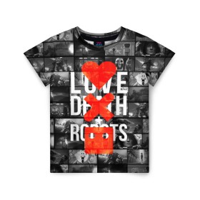 Детская футболка 3D с принтом LOVE DEATH ROBOTS (LDR) в Екатеринбурге, 100% гипоаллергенный полиэфир | прямой крой, круглый вырез горловины, длина до линии бедер, чуть спущенное плечо, ткань немного тянется | death | fantastic | future | ldr | love | love death and robots | love death robots | netflix | robots | sci fi | будущее | лдр | любовь | нетфликс | роботы | фантастика