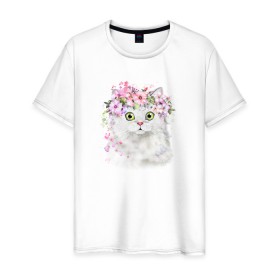 Мужская футболка хлопок с принтом Котик В Цветах в Екатеринбурге, 100% хлопок | прямой крой, круглый вырез горловины, длина до линии бедер, слегка спущенное плечо. | кот | котик | котик в цветах | рисунок | цветы