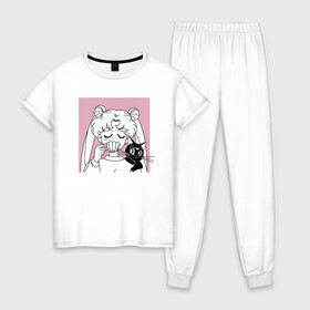 Женская пижама хлопок с принтом Sailor Moon Usagi Tsukino в Екатеринбурге, 100% хлопок | брюки и футболка прямого кроя, без карманов, на брюках мягкая резинка на поясе и по низу штанин | anime | bunny | kawaii | luna | manga | sailor moon | sailors | usagi tsukino | аниме | луна | манга | сейлор мун | усаги цукино