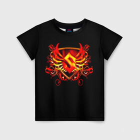Детская футболка 3D с принтом Sabaton в Екатеринбурге, 100% гипоаллергенный полиэфир | прямой крой, круглый вырез горловины, длина до линии бедер, чуть спущенное плечо, ткань немного тянется | blood | fire | logo | rock | sabaton | группа | кровь | логотип | надпись | огонь | патрик йоханссон | рок | сабатон | символ | хэви метал | швеция