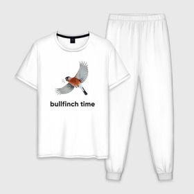 Мужская пижама хлопок с принтом Bullfinch time в Екатеринбурге, 100% хлопок | брюки и футболка прямого кроя, без карманов, на брюках мягкая резинка на поясе и по низу штанин
 | bird | bullfinch | wings | летать | полет | птица | снегирь