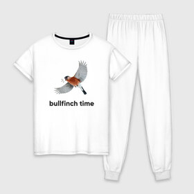 Женская пижама хлопок с принтом Bullfinch time в Екатеринбурге, 100% хлопок | брюки и футболка прямого кроя, без карманов, на брюках мягкая резинка на поясе и по низу штанин | bird | bullfinch | wings | летать | полет | птица | снегирь