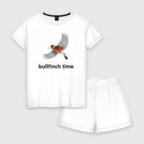 Женская пижама с шортиками хлопок с принтом Bullfinch time в Екатеринбурге, 100% хлопок | футболка прямого кроя, шорты свободные с широкой мягкой резинкой | bird | bullfinch | wings | летать | полет | птица | снегирь
