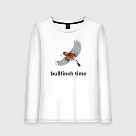 Женский лонгслив хлопок с принтом Bullfinch time в Екатеринбурге, 100% хлопок |  | bird | bullfinch | wings | летать | полет | птица | снегирь