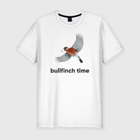 Мужская футболка хлопок Slim с принтом Bullfinch time в Екатеринбурге, 92% хлопок, 8% лайкра | приталенный силуэт, круглый вырез ворота, длина до линии бедра, короткий рукав | bird | bullfinch | wings | летать | полет | птица | снегирь